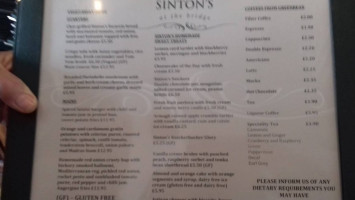 Sinton's At The Bridge menu