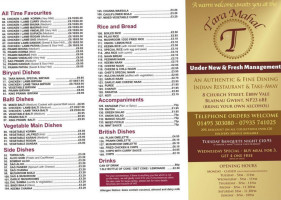 Tara Mahal Indian Takeaway menu
