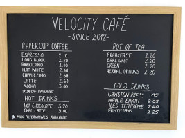 Velocity Cafe Bicycle Workshop menu