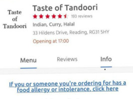 Taste Of Tandoori menu